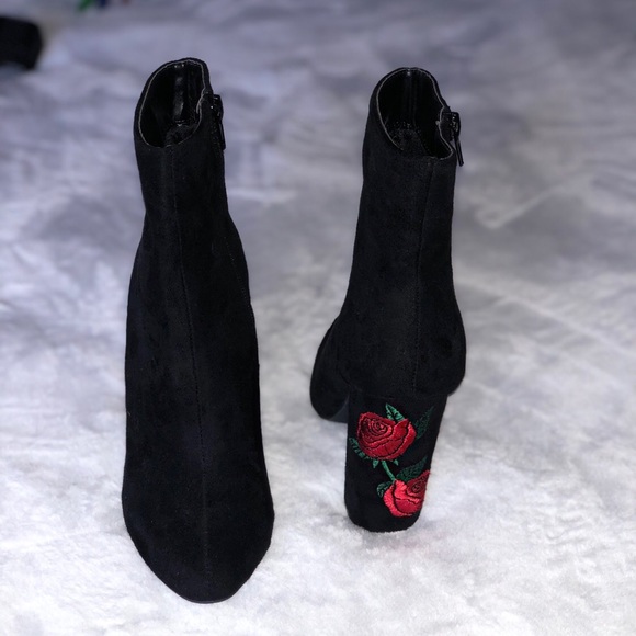 Black Suede Booties with Rose Detail - Picture 3 of 3